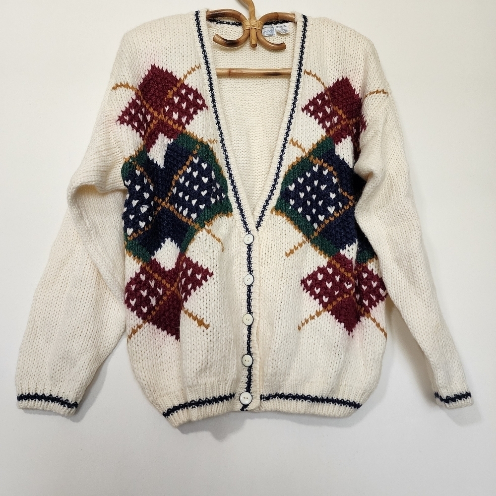 ​Vtg Maggie Lawrence Argyle Ramie Blend Cardigan Sweater L - Picture 5 of 10